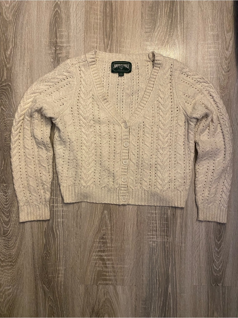 American Eagle Outfitters Cream Cable Knit V-Neck Button Cardigan